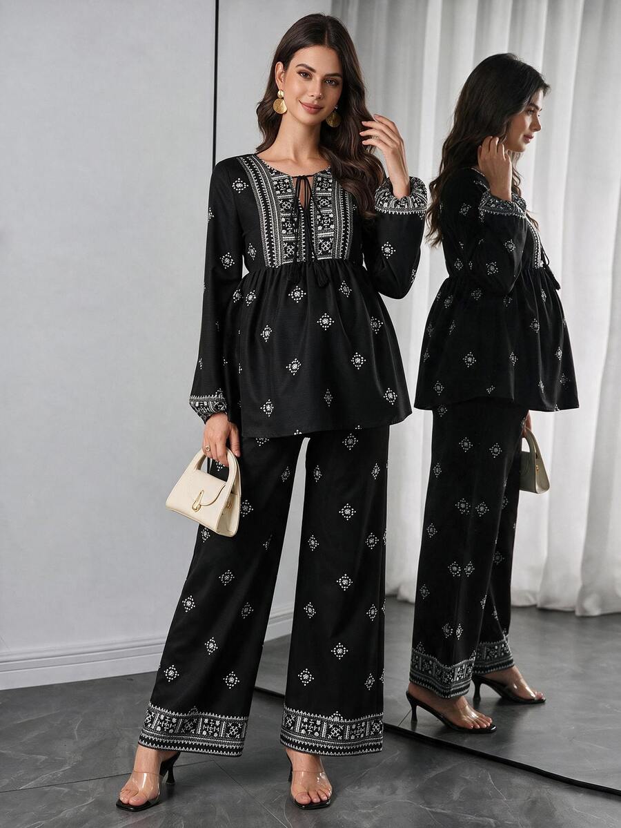 Momance Printed V-Neck Tie Top And Straight Leg Pants Elegant Maternity 2 Pieces Set - Black - View 1