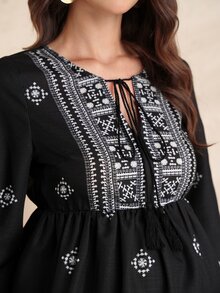 Momance Printed V-Neck Tie Top And Straight Leg Pants Elegant Maternity 2 Pieces Set - Black - View 4