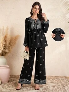 Momance Printed V-Neck Tie Top And Straight Leg Pants Elegant Maternity 2 Pieces Set - Black - View 2