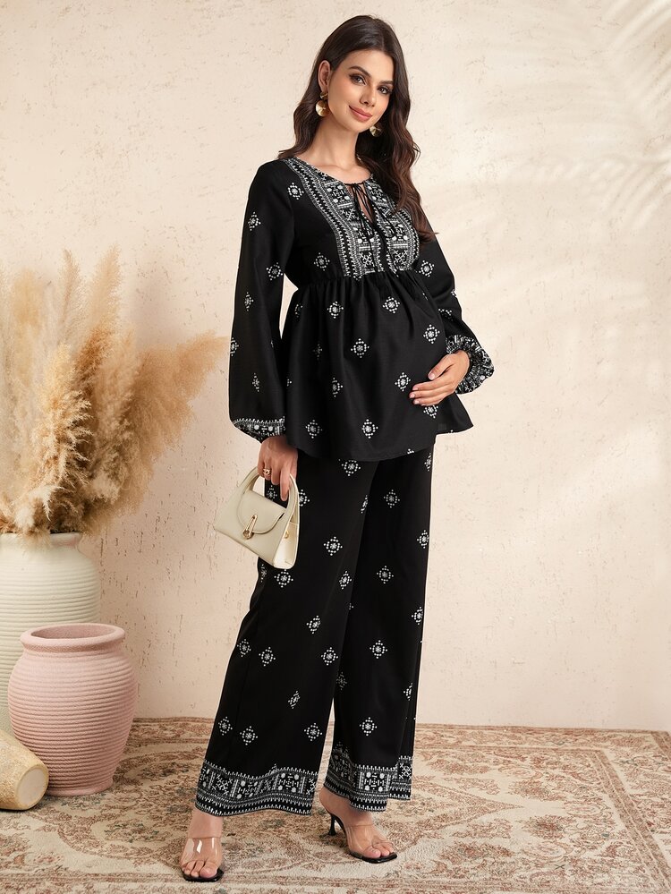 Momance Printed V-Neck Tie Top And Straight Leg Pants Elegant Maternity 2 Pieces Set - Black - View 6