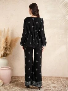 Momance Printed V-Neck Tie Top And Straight Leg Pants Elegant Maternity 2 Pieces Set - Black - View 3