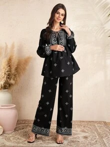 Momance Printed V-Neck Tie Top And Straight Leg Pants Elegant Maternity 2 Pieces Set - Black - View 5