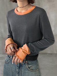 FRIFUL 女款初秋新款韓式圓領拼接撞色長袖T恤 - 灰色 - 查看 6