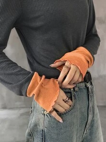 FRIFUL 女款初秋新款韓式圓領拼接撞色長袖T恤 - 灰色 - 查看 5