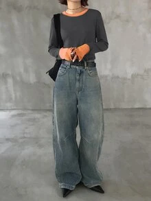 FRIFUL 女款初秋新款韓式圓領拼接撞色長袖T恤 - 灰色 - 查看 7