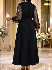 Fleurora Plus Size Women's V-Neck Mesh Patchwork Casual Party Dress Fall - Black - View 2