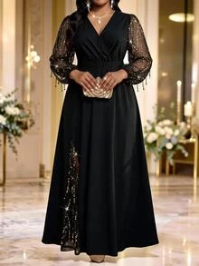 Fleurora Plus Size Women's V-Neck Mesh Patchwork Casual Party Dress Fall - Black - View 3