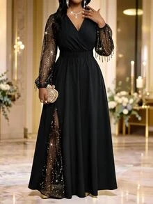 Fleurora Plus Size Women's V-Neck Mesh Patchwork Casual Party Dress Fall - Black - View 1