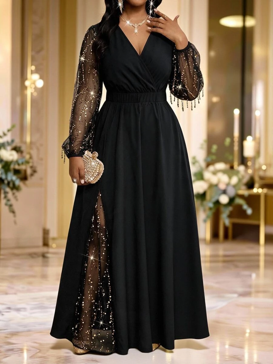 Fleurora Plus Size Women's V-Neck Mesh Patchwork Casual Party Dress Fall - Black - View 1