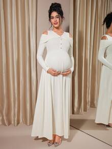 Momance Raglan Sleeve Button Front Rib-Knit A-Line Midi Dress, Spring/Autumn - Apricot - View 6