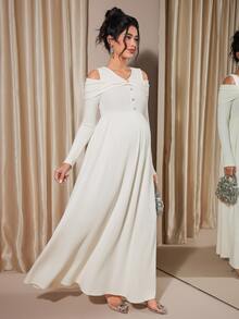 Momance Raglan Sleeve Button Front Rib-Knit A-Line Midi Dress, Spring/Autumn - Apricot - View 5