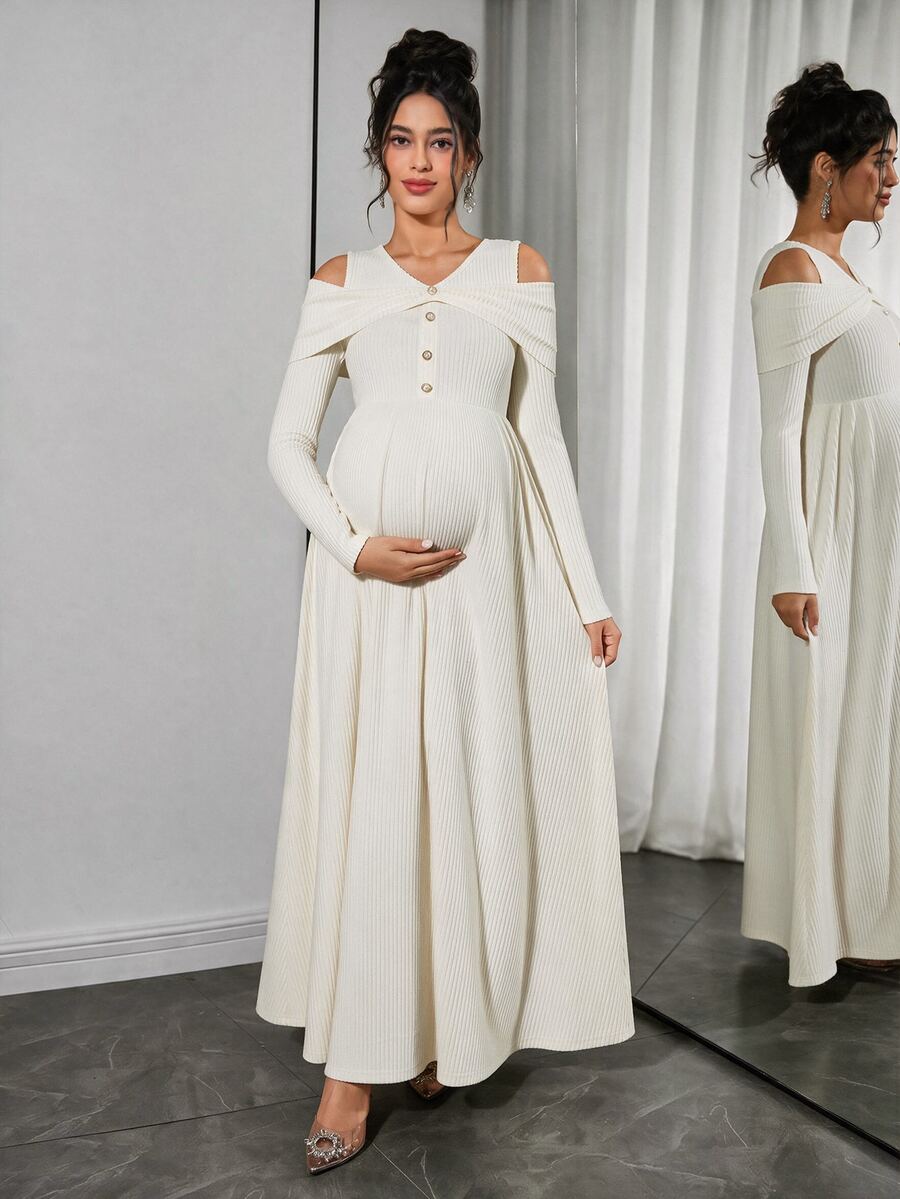 Momance Raglan Sleeve Button Front Rib-Knit A-Line Midi Dress, Spring/Autumn - Apricot - View 1