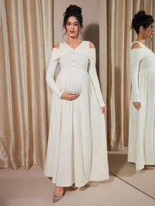 Momance Raglan Sleeve Button Front Rib-Knit A-Line Midi Dress, Spring/Autumn - Apricot - View 2