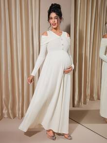 Momance Raglan Sleeve Button Front Rib-Knit A-Line Midi Dress, Spring/Autumn - Apricot - View 7
