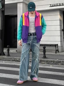 AXEPEAK Men's Woven Fashion Casual Loose Patchwork Open Front Jacket - Multicolor - View 3