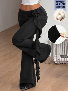 Coolane Women's 3D Floral Decor Ribbon Flared Long Pants - Black - View 2