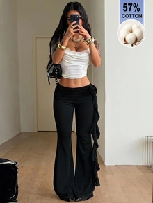 Coolane Women's 3D Floral Decor Ribbon Flared Long Pants - Black - View 4