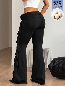 Coolane Women's 3D Floral Decor Ribbon Flared Long Pants - Black - View 6