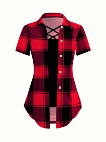 EMERY ROSE AB 拼接翻领假两格短袖 T 恤新年衣服图案 T 恤女式上衣 - 紅色 - 查看 3