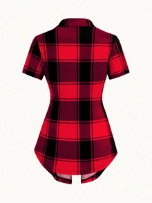 EMERY ROSE AB 拼接翻领假两格短袖 T 恤新年衣服图案 T 恤女式上衣 - 紅色 - 查看 2