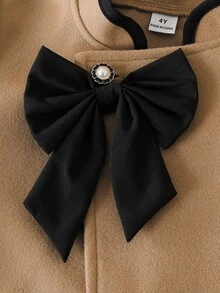 SHEIN Elladie kids 少女經典卡其色大衣，黑色滾邊設計，附蝴蝶結貝雷帽，長袖外套，適合日常優雅通勤、度假，秋冬穿搭 - 卡其色 - 查看 12