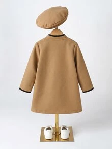SHEIN Elladie kids 少女經典卡其色大衣，黑色滾邊設計，附蝴蝶結貝雷帽，長袖外套，適合日常優雅通勤、度假，秋冬穿搭 - 卡其色 - 查看 2