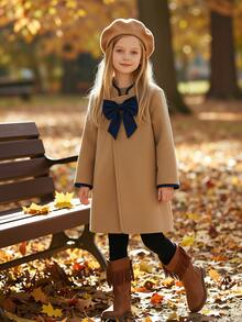 SHEIN Elladie kids 少女經典卡其色大衣，黑色滾邊設計，附蝴蝶結貝雷帽，長袖外套，適合日常優雅通勤、度假，秋冬穿搭 - 卡其色 - 查看 4