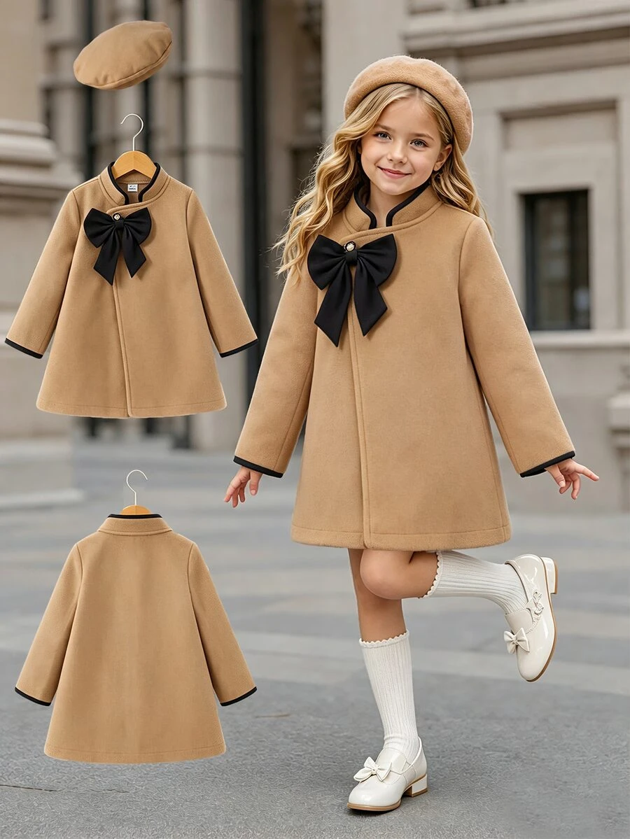 SHEIN Elladie kids 少女經典卡其色大衣，黑色滾邊設計，附蝴蝶結貝雷帽，長袖外套，適合日常優雅通勤、度假，秋冬穿搭 - 卡其色 - 查看 1