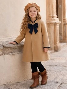 SHEIN Elladie kids 少女經典卡其色大衣，黑色滾邊設計，附蝴蝶結貝雷帽，長袖外套，適合日常優雅通勤、度假，秋冬穿搭 - 卡其色 - 查看 3