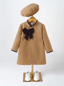 SHEIN Elladie kids 少女經典卡其色大衣，黑色滾邊設計，附蝴蝶結貝雷帽，長袖外套，適合日常優雅通勤、度假，秋冬穿搭 - 卡其色 - 查看 7