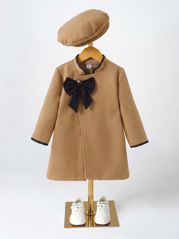 SHEIN Elladie kids Young Girls Classic Khaki Overcoat With Black Trim Design Bowknot Beret Hat Long Sleeve Jacket For Daily Elegant Commute Vacation Autumn Winter Outfit - Khaki - View 7