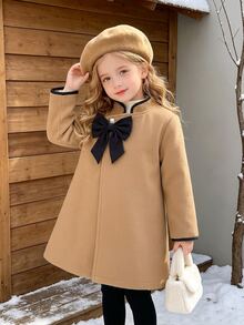 SHEIN Elladie kids 少女經典卡其色大衣，黑色滾邊設計，附蝴蝶結貝雷帽，長袖外套，適合日常優雅通勤、度假，秋冬穿搭 - 卡其色 - 查看 5