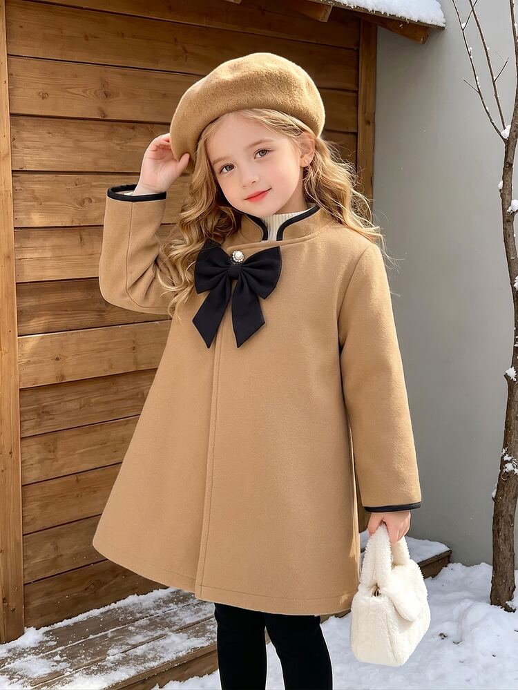 SHEIN Elladie kids Young Girls Classic Khaki Overcoat With Black Trim Design Bowknot Beret Hat Long Sleeve Jacket For Daily Elegant Commute Vacation Autumn Winter Outfit - Khaki - View 5