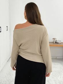 Shapeblank 大尺碼女款純色不對稱肩休閒日常襯衫，優雅通勤辦公、早午餐、晚宴約會、商務工作、教師穿搭，奶油色秋季款 - 杏色 - 查看 5