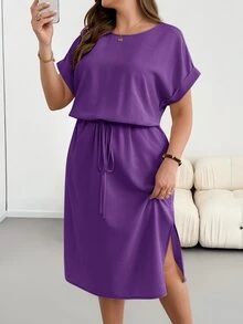 Shapeblank Plus-Size Women's Summer Fashionable Casual Loose Comfortable Everyday Slimming Midi Dress - Purple - View 3