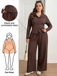 Shapeblank Plus-Size Women's Fall Casual Traditional Stretchy Comfortable Brown Long-Sleeved Top Wide-Leg Pants Two Pieces Set Formal Brunch Birthday Home