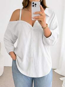 Shapeblank Plus Size Women's Solid Color Casual Versatile Daily Wear Shirt Fall - White - View 7