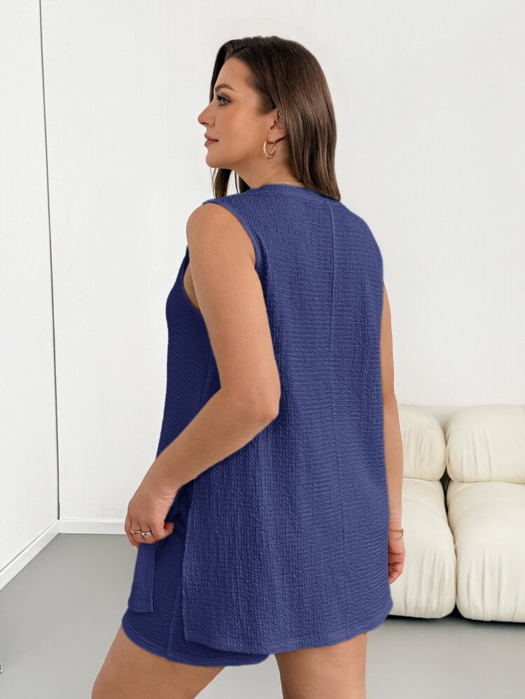 Shapeblank Plus-Size Women's Summer Fashion Casual Stretchy Comfortable Slimming Sleeveless Split Two Pieces Set - Royal Blue - View 2