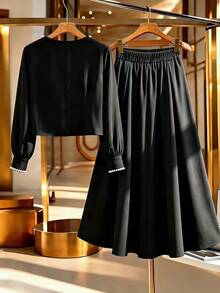 GlowEve CURVE Plus Size Women's Faux Pearl Decor Long Sleeve Blouse And Skirt Elegant Set Fall - Black - View 2