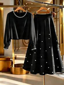 GlowEve CURVE Plus Size Women's Faux Pearl Decor Long Sleeve Blouse And Skirt Elegant Set Fall - Black - View 3