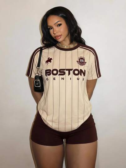 Slaydiva New Casual 90s Loose Short-Sleeve T-Shirt+Shorts Women 2pcs Loungewear Going Out School Teacher Back-To-School Beige Burgundy,Casual Matching Set