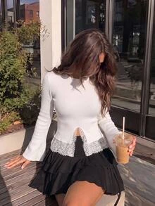 SHEIN MOD 女款韓式百搭蕾絲拼接優雅浪漫圓領毛衣，白色，適合日常約會，秋季穿搭 - 白色 - 查看 1