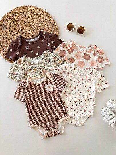 SHEIN Newborn Baby Girl Cute Casual Knit Printed Short Sleeve Romper,Multiple Colors For Summer Clothes Girls Rompers Brown 3 To 6 Month