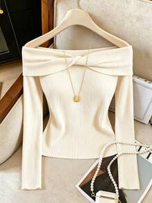 SHEIN Fall Women's Elegant Cold Shoulder Twist Ruched Ribbed Knit Tops Long Sleeve Slim Fitted Casual T-Shirt FoldOver Neck Brunch Night Autumn Basic Wear - Apricot - View 8
