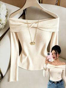 SHEIN Fall Women's Elegant Cold Shoulder Twist Ruched Ribbed Knit Tops Long Sleeve Slim Fitted Casual T-Shirt FoldOver Neck Brunch Night Autumn Basic Wear - Apricot - View 2