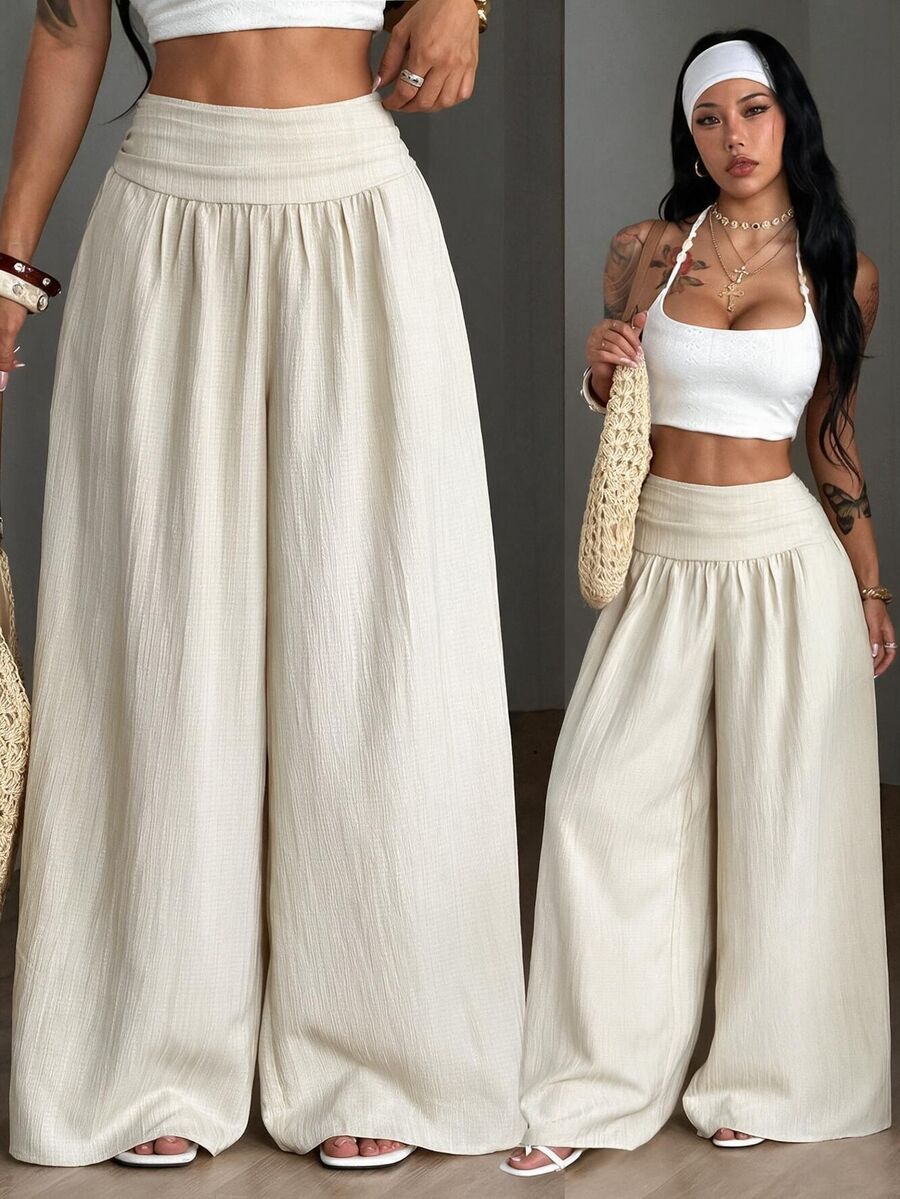 Coolane Women's All-Season Casual Vacation Chic Elegant Chic Vintage Daily Wear Basic Boho Minimalist Comfortable Beige Textured Mid Rise Wide Leg Pants