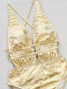 SHEIN Swim Gold Foiled Plunge Drawstring Casual Beach One Piece Swimsuit For Women For Summer Beach Vacation - Gold - View 4