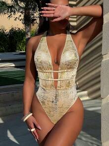 SHEIN Swim Gold Foiled Plunge Drawstring Casual Beach One Piece Swimsuit For Women For Summer Beach Vacation - Gold - View 2