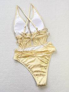 SHEIN Swim Gold Foiled Plunge Drawstring Casual Beach One Piece Swimsuit For Women For Summer Beach Vacation - Gold - View 3