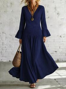 Breezaya Women's Solid Color V-Neck Pleated Casual Party Dress - Navy Blue - View 3